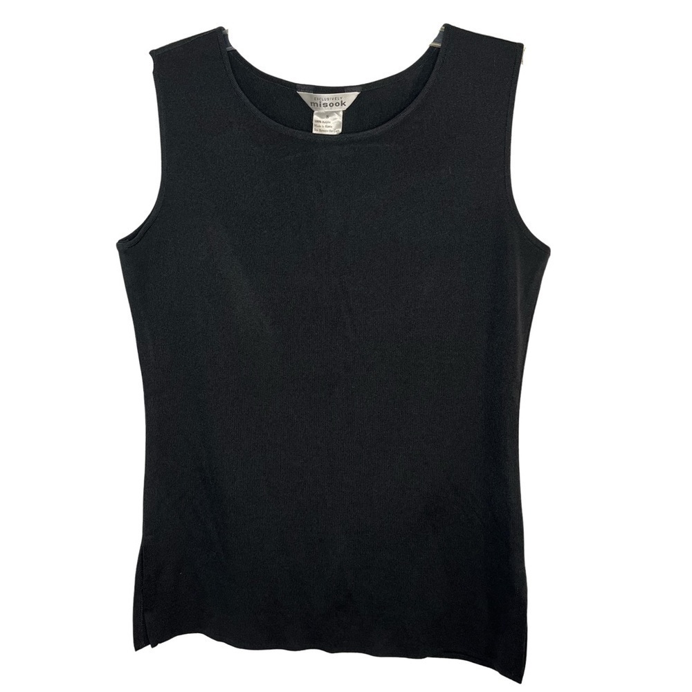 Exclusively Misook Split Hem Solid Black Tank Top